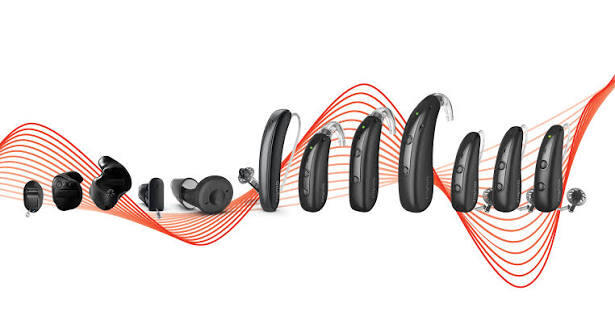 A range of in-ear and behind-the-ear hearing aids.